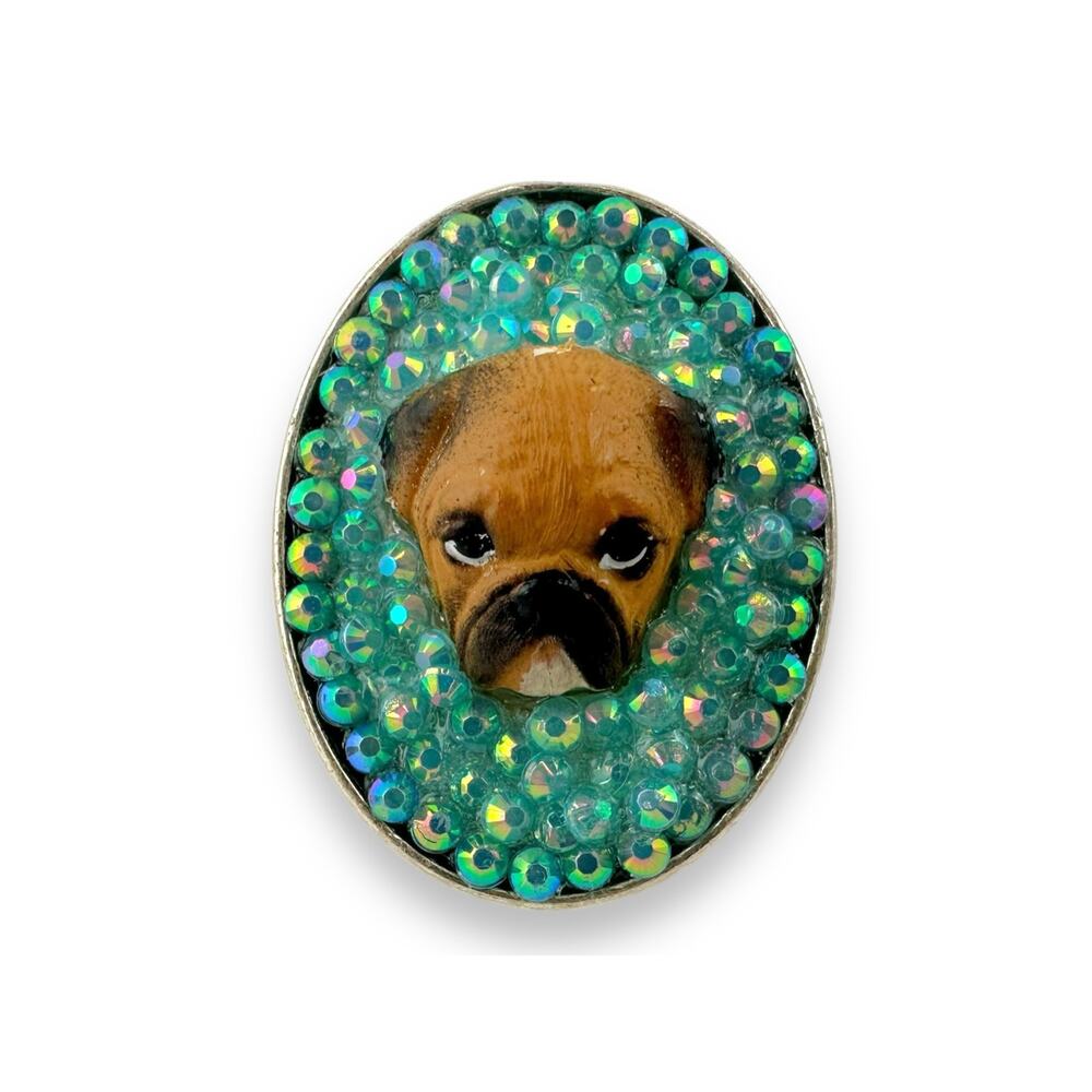Bedazzle Bulldog Rhinestone Blue OOAK Custom Dog Cocktail Statement Bling Ring